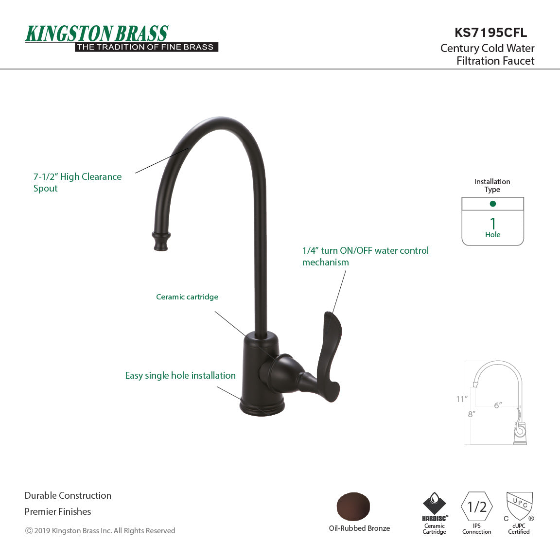 Kingston Tulare KS7195CFL - Century Single-Handle 1-Hole Deck Mount Water Filtration Faucet, Oil Rubbed Bronze — thumbnail 2